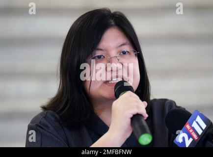 St. Louis, United States. 24th Jan, 2023. Caroline Fan, Founder and President of the Missouri Asian American Youth Foundation, makes her remarks as political and faith leaders come together to speak about the Monterey Park Lunar New Year shooting at the St. Louis City Hall in St. Louis on Tuesday, January 24, 2023. The Missouri Asian American Youth Foundation also announced plans to launch their mental health program that will include online healing sessions. Photo by Bill Greenblatt/UPI Credit: UPI/Alamy Live News Stock Photo