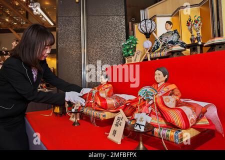 Tokyo, Japan. 25th Jan, 2023. Japan's traditional doll maker Kyugetsu displays 'hina dolls' modeled after (Rear) Japanese professional baseball infielder and NPB(Nippon Professional Baseball)'s youngest triple crown winner, Munetaka Murakami, (Front L-R)Japanese table tennis player, 2022 Olympics bronze medalist, Mima Ito and Judo 2020 Olympics gold medalist, Uta Abe in Tokyo, Japan on Wednesday, January 25, 2023. Photo by Keizo Mori/UPI Credit: UPI/Alamy Live News Stock Photo