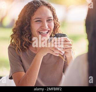 Woman, friends and smile for coffee, chat or catch up on social life, friendship or relationship at an outdoor cafe. Happy female smiling in happiness Stock Photo