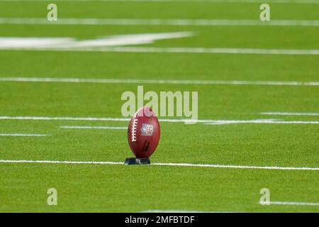 The Wilson the duke NFL official game ball with the nfl shield / logo  sits on the field before an NFL football game between the Seattle Seahawks  and the Houston Texans, Sunday