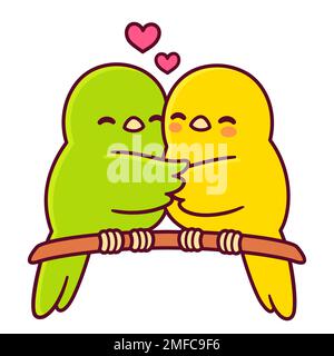 Cute cartoon birds hugging. Green and yellow bird couple in love. Valentines day greeting card vector illustration. Stock Vector