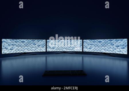 3d illustration, Powerful personal computer gamer with three monitors. Cozy desktop for gamer, monitor with rgb keyboard with blue and neon backlight. Stock Photo