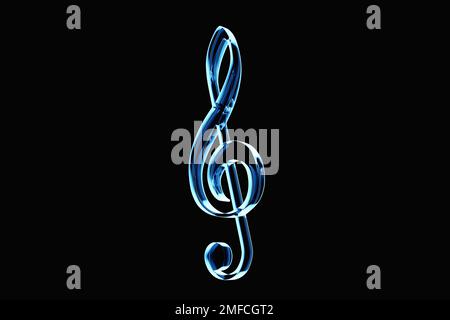 Realistic blue neon  treble clef  on a  black  background. 3d golden musical symbol - decoration elements for design. Stock Photo