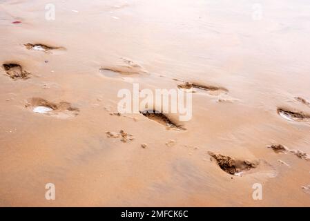 Close-up of footprints on empty beach sand. Stock Photo