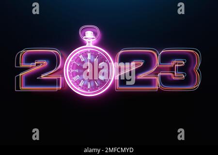 Close-up of  calendar header number 2023  with   transparent pink neon retro clock on a black background, 3D illustration. Changeability of years. Stock Photo