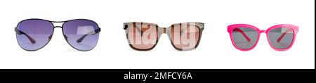 Sunglasses isolated on white background, set of three different shapes and colors Stock Photo