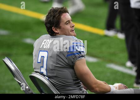 Detroit Lions punter Jack Fox (3) kicks off against the Green Bay Packers  during an NFL football game, Sunday, Jan. 9, 2022, in Detroit. (AP  Photo/Rick Osentoski Stock Photo - Alamy