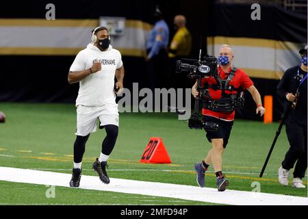 A FOX Sports television camera operator works from a mobile elevated  position during the first half of an NFL football game between the  Jacksonville Jaguars and the Atlanta Falcons, Sunday, Nov. 28