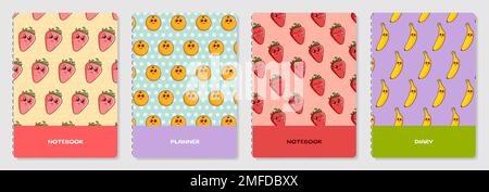 Cartoon Cover page templates. Vector fruits and berries prints.  Stock Vector
