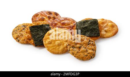 Sembei rice crackers placed on a white background. Senbei is a Japanese snack. Stock Photo