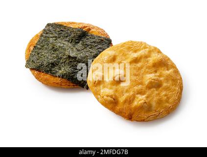Sembei rice crackers placed on a white background. Senbei is a Japanese snack. Stock Photo