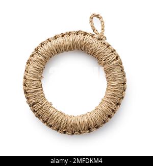 A potsherd made of straw on a white background. Craftwork. View from above. Stock Photo