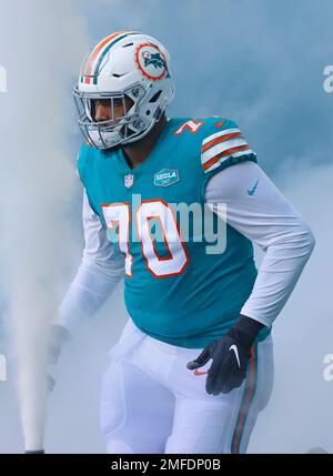 Miami Gardens, Florida, USA. 1st Dec, 2019. Miami Dolphins offensive tackle  Julie'n Davenport (70) is attended on the field by team's staff during an  NFL football game against the Philadelphia Eagles at