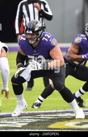 Baltimore Ravens guard Ben Powers (72) takes to the field before an NFL  football game between the Miami Dolphins and the Baltimore Ravens, Sunday,  Sept. 18, 2022, in Baltimore. (AP Photo/Nick Wass