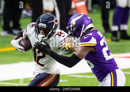 Minnesota Vikings defensive back Chris Jones (26) in action against the  Chicago Bears during the second half of an NFL football game, Monday, Nov.  16, 2020, in Chicago. (AP Photo/Kamil Krzaczynski Stock