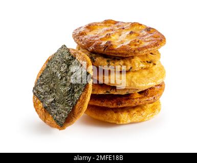Sembei rice crackers placed on a white background. Senbei is a Japanese snack. Stock Photo