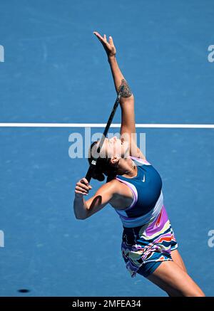 Donna Vekic, of Croatia, serves to Aryna Sabalenka, of Belarus, during