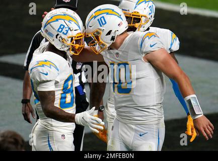 Los Angeles Chargers wide receiver Tyron Johnson (83) working out on the  field before an NFL football game against the Jacksonville Jaguars, Sunday,  October 25, 2020 in Inglewood, Calif. The Chargers defeated