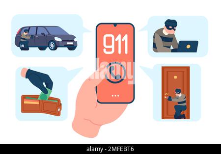 Call emergency service after breaking into apartment. Burglar car and home doors. Computer crime. Money theft. Hacker phishing. Smartphone in hand Stock Vector