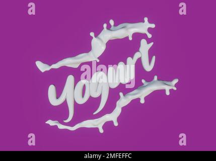 Yougurt 3d text splash milk pink violet background Stock Photo