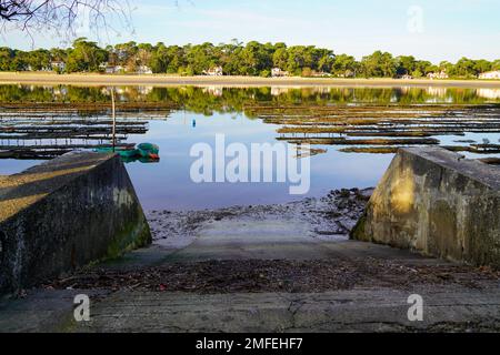 access to the oyster farming lake installed in the hossegor canal Stock Photo