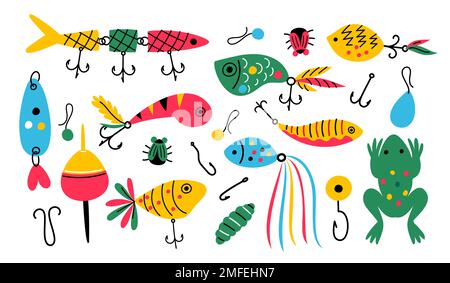 Fishing baits. Differents colorful tackle and accessories with hooks and floats. Imitation of insects and fish. Rod spinner. Angling bobber with tail Stock Vector