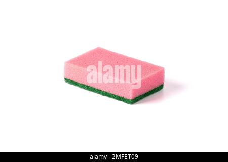 A kitchen sponge isolated against white background. red Dish washing sponge. Stock Photo