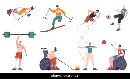 Cartoon paralympic athletes. Disabled people in professional sport. Absence of limbs and special prostheses. Runners and skiers. Persons in Stock Vector