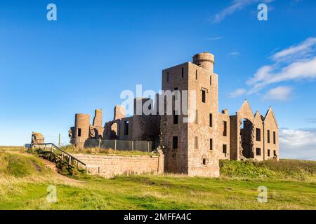 12 September 2022: Aberdeenshire, Scotland - The ruins of New Slains Castle,  built in the 16th century by the 9th Earl of Erroll. This is the seaward... Stock Photo