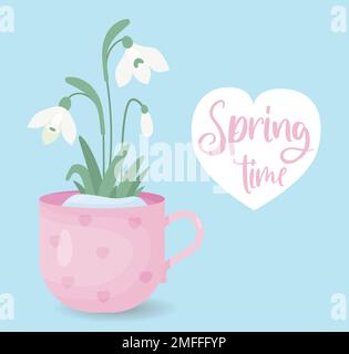 Spring time. Blooming snowdrops flowers in spring cup. Gentle forest white flower common snowdrop. Vector illustration in flat style. For design, deco Stock Vector