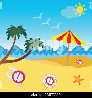 Single use plastic objects like bag, plate and drinking glass with prohibition sign on the beach Stock Vector