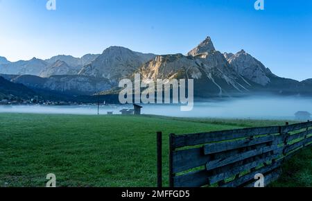 Morning Fog On Wetterstein Mountain, Ehrwald, Tyrol, Austria Stock Photo