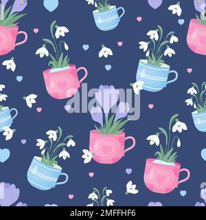 Spring seamless pattern. Bouquet of snowdrop flowers and purple crocuses in cup on blue background. Vector illustration. Botanical pattern for decor, Stock Vector