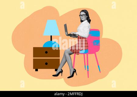 Vertical collage picture of black white colors girl sitting chair use wireless netbook isolated on painted background Stock Photo