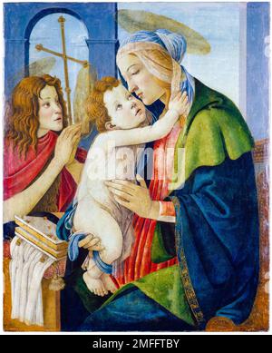 Sandro Botticelli and workshop, Madonna and Child with the infant Saint John the Baptist, painting in wood transferred to blockboard, 1490-1500 Stock Photo