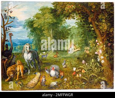 Jan Brueghel the Younger, Paradise with the Creation of Eve, painting in oil on copper, 1636-1640 Stock Photo