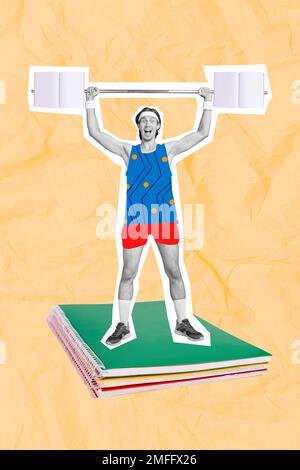 Vertical collage image of excited black white gamma mini guy stand pile stack notebook press book barbell isolated on painted background Stock Photo