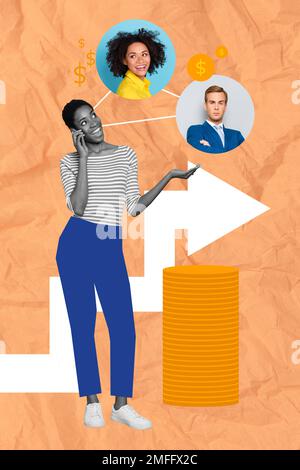 Collage photo of young businesswoman talk phone conversation with colleagues remote job make money profit isolated on beige color background Stock Photo