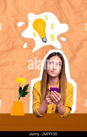 Collage artwork photo of mature aged woman entrepreneur business owner company hold phone browse creative idea isolated on beige background Stock Photo