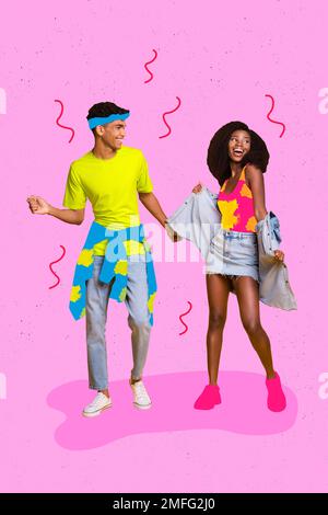 Vertical collage picture of two cheerful carefree people enjoy dancing partying isolated on painted pink background Stock Photo