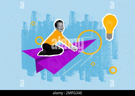 Creative collage picture of excited mini black white effect child flying paper plane light bulb isolated on painted background Stock Photo