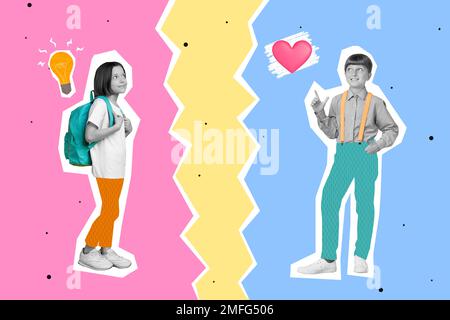 Creative collage image of two black white colors kids think light bulb point finger heart isolated on drawing divided background Stock Photo