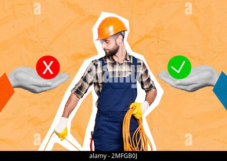 Photo collage of young professional man electrician wear uniform safety helmet hold rolled cable choice yes no isolated on orange background Stock Photo