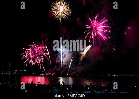 International, fireworks, display, Pattaya, Chonburi, Thailand, firework, sky, night, evening, burst, big, large, pyrotechnics, annual, event, spectac Stock Photo