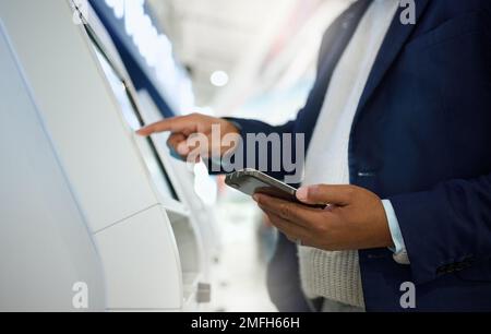 Phone, airport or hands typing on self service screen for digital identity or flight data to travel on airplane. Smart check ux or African businessman Stock Photo