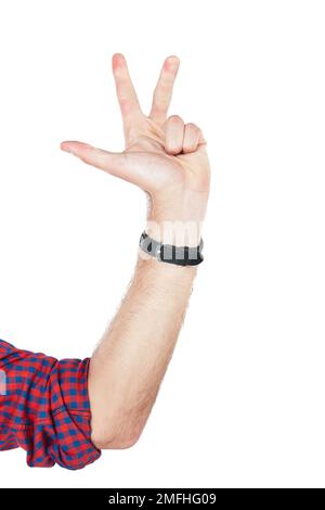Numbers, counting and hand of a man with a countdown isolated on a white background. Communication, sign language and person with fingers for an Stock Photo