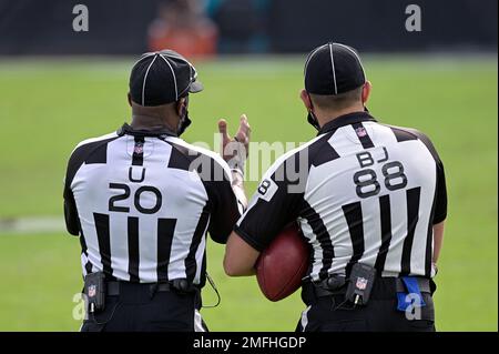 NFL back judge Brad Freeman stands on the field during an NFL