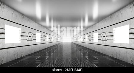 Dark Futuristic Modern Garage Showroom Tunnel Corridor. Entrance 3D Render Stock Photo