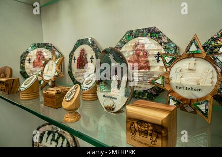 January 14, 2023, Jerusalem, Israel: souvenirs in shop at monastery.  Stock Photo