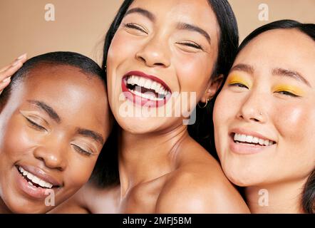 Diversity, beauty and women, face and happy with skincare, natural cosmetics and eye makeup isolated on studio background. Cosmetic glow, different Stock Photo